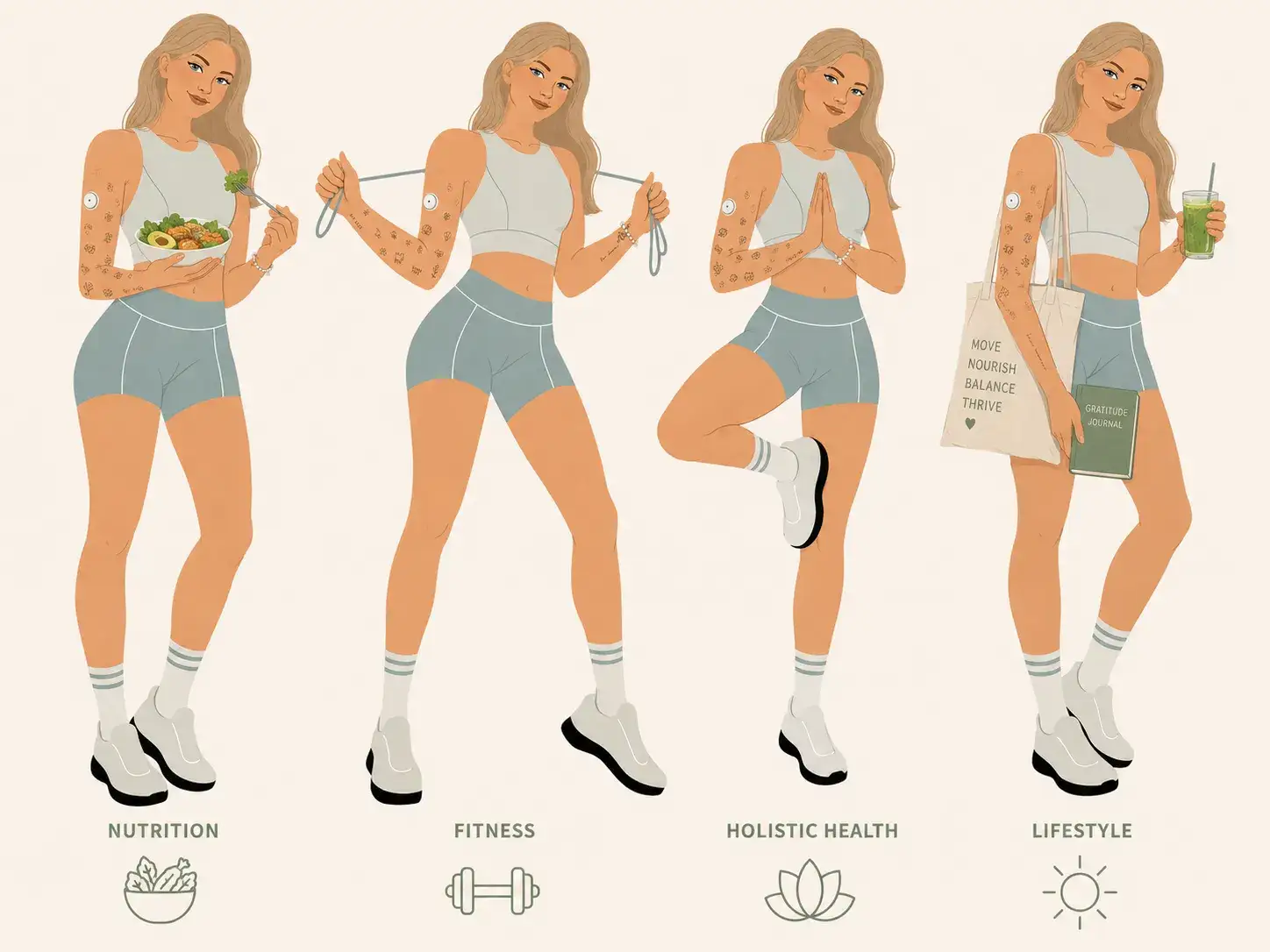 Illustration of the four coaching pillars, each shown as a figure: nutrition with a bowl of food, fitness with a resistance band, holistic health in a balance pose, and lifestyle with a tote bag and a green drink